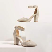 Women Heel Closed Toe Chunky High Heel Ankle Strap Wedding Party Comfortable Prom Pumps Shoes - Gold - View 8