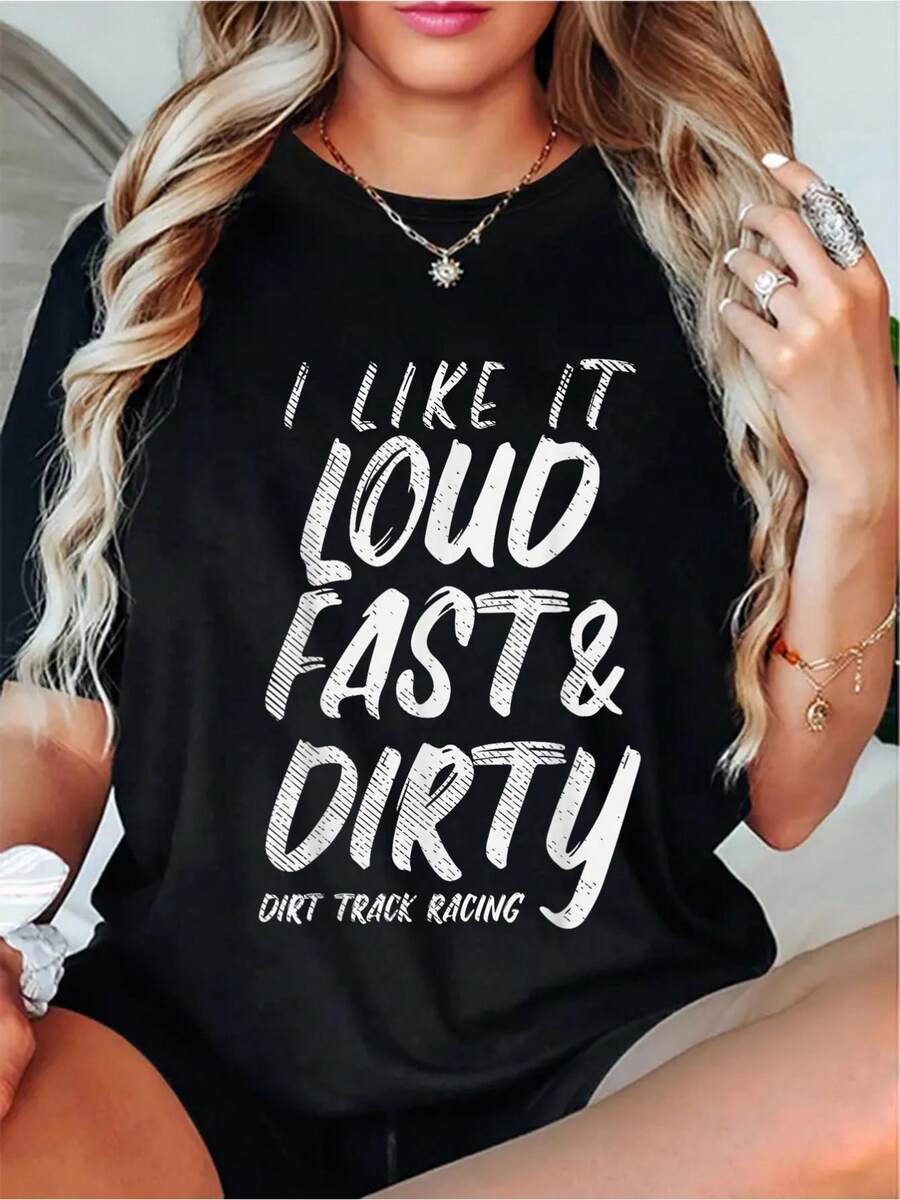 Women's "Loud Fast & Dirty" Motocross Graphic T-Shirt - , Short Sleeve, Round Neck, Black With White Lettering, Casual Racing Tee For Casual Attire Or Special Occasions - 黑色 - 查看 1