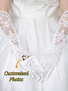 Customized Satin Lace Bridal Gloves; Personalized Image Customization; Personalized Opera Party White Lace Gloves; Enter The Marriage Hall With Your Pet; Wedding Bride Gloves; Any Image Content.