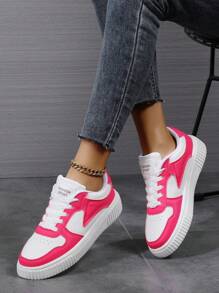 Low Top Women's Shoes Sneakers , Casual Shoes, Sports Shoes, Student Shoes, Fashionable Color Blocking Design With Lace Up, Ultra Light EVA Sole, Breathable And Soft, Suitable For All Seasons - Hot Pink - View 5