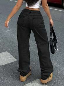 Jeans in denim a gamba ampia, colore solido, effetto lavato, per uso casual quotidiano da donna