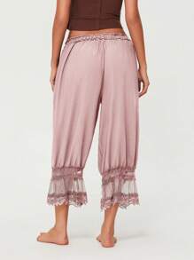 Women Lace Trim Long Bloomers Elastic Mid Rise Ruffle Pantaloons Cropped Flared Slips Pants Bottoms - Hồng - Xem 5