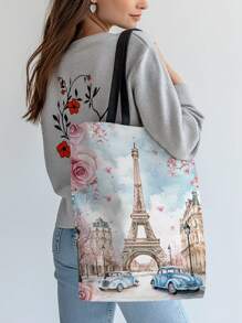 1 Stück Paris Eiffelturm & Lavendel Blume bedruckte Damen Schultertasche, große Kapazität Segeltuch Tasche, modische Lässig Umhängetasche für täglichen Gebrauch, Lebensmitteleinkäufe, Geschenke für Familie