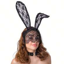 2pcs Lace Black Bunny Ears Headband, Bunny Ear Hairband With Veil, Heart-Shaped Necklace For Easter, Costume Accessory, Rabbit Party Prop, Masquerade Role-Playing Headpiece