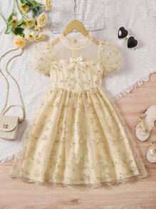 Girls Embroidered Flower Mesh Patchwork Puff Sleeve Round Neck Zipper Decorated Fashion Princess Dress, For Teens - Apricot - View 2