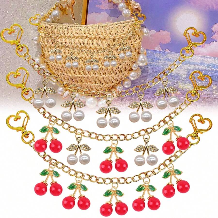 1 件奢华水钻仿珍珠樱桃钱包饰物包链饰物仿珍珠和水钻樱桃包钱包饰物链樱桃包装饰配件仿珍珠樱桃装饰包链饰物钱包延长器替换延长链装饰包带链带饰物适用于手提包托特包斜挎包