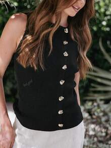 Women's Fashionable & Elegant Round Neck Fitted Knitted Cropped Tank Top, Summer