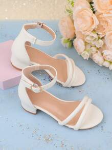 女童白色夏装搭配高跟玛丽珍凉鞋，轻便花童婚礼派对公主露趾绑带鞋，适合幼儿、小孩和大童