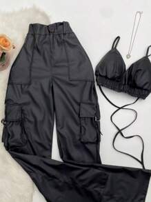 Cargo Pants And Leather Top Set (0038) - 黑色 - 查看 1