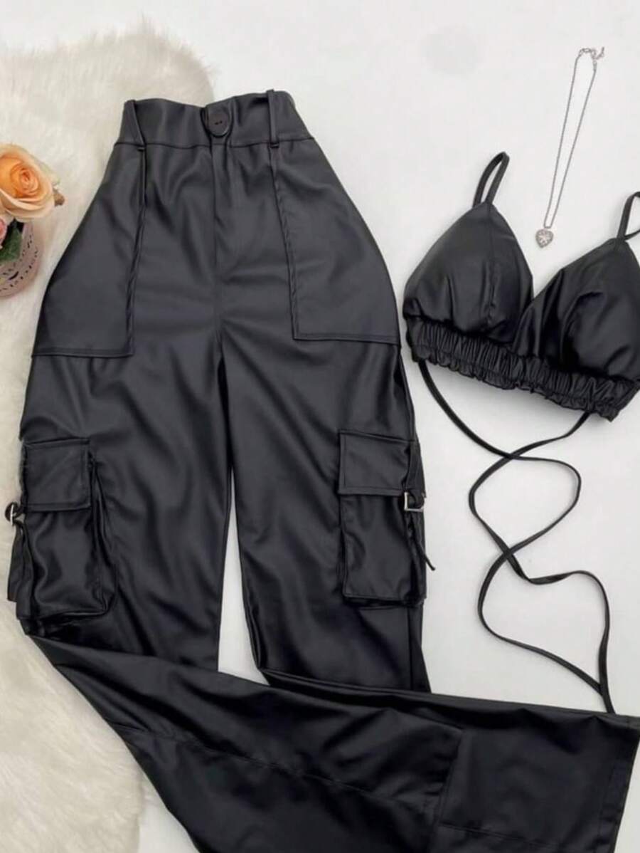 Cargo Pants And Leather Top Set (0038) - 黑色 - 查看 1