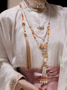 قلادة قديمة طويلة الشرشف، قلادة اللؤلؤ الصناعي على الطراز الصيني للسيدات، اكسسوارات حزب وأزياء عصرية، هدايا للأصدقاء المقربين - الذهبي - مشاهدة 12