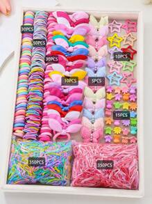 890pcs/Set Kids Pink Heart & Bowknot Elastic Hairbands, Hair Clips, Scrunchies, Princess Hair Accessories, Daily Use & Gift