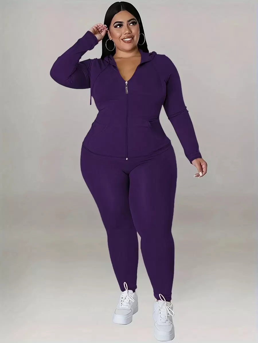 Plus Size Women's Zip Up Hoodie & Jogger Set - Lightweight Workout Outfit With Thumb Holes (Sizes 1X-5X) - 紫色 - 查看 1
