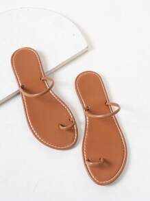 Women's Elegant Striped Toe-Ring Flat Sandals, Stylish And Fashionable Gold Shoes For Summer