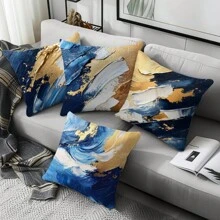 4 stuks blauw, wit en gouden abstracte schilderij illustratie patroon decoratieve kussensloop set, zachte perzikhuid pluche stof, enkelzijdige print 45*45cm, geschikt voor woonkamer, slaapkamer, bank, cadeau