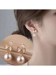 1 Pair Fashion Bowknot Faux Pearl Earrings For Women, No Piercing Silicone Clip-On Earrings, Elegant Accessories For Daily Wear, Gift For Her