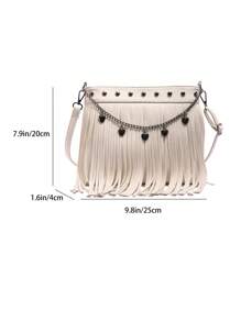 New Rivet Retro Women Crossbody Bag, Versatile Tassel Shoulder Bag With Heart Shaped Chain, Suitable For Outing, Date, Commuting - White - View 7