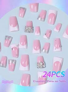 24片长鸭美甲贴纸，让你随心变换风格！简约白色法式、星星和水钻设计，可卸式假指甲，附赠1个指甲锉和1瓶凝胶，适合女性和女孩日常使用。