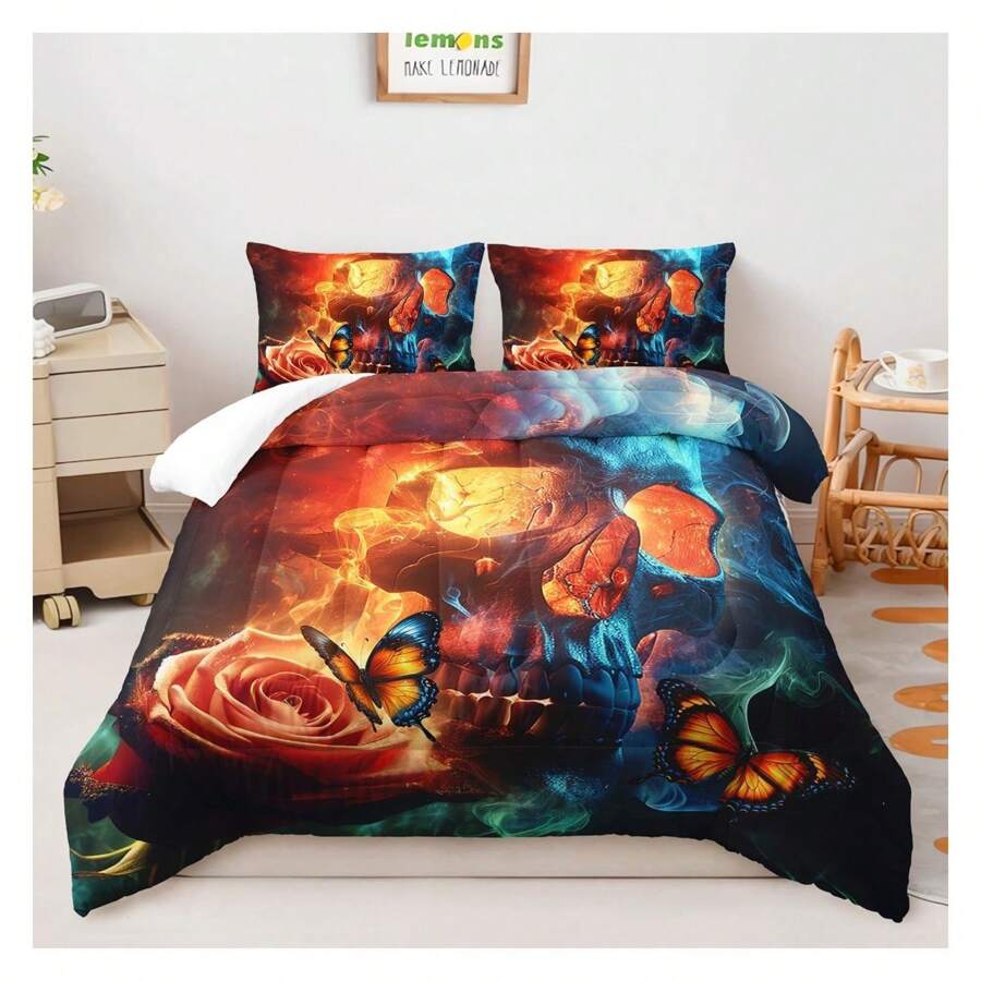 HUIQIN Gothic Comforter Set Full Size,Romantic Flower Luxury Fire Smoke Skeleton Bedding Comforter With 2 Pillowcases,Kids Boys Bedroom Dr Soft Comforter Set 3Pcs - Multicolor - View 1