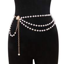 Chaîne de perles rétro élégante avec pendentif circulaire petit. Chaîne de perles superposée en trois couches avec volant latéral. Chaîne de taille/chaîne de corps pour femmes