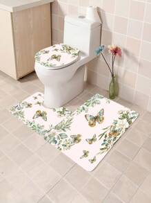 1pc/4pcs Floral Plant & Butterfly Functional Bathroom Decor Set, Includes Waterproof Shower Curtain With 12 Hooks, Anti-Slip Mat, U-Shaped Toilet Mat And Round Toilet Lid Cover, Suitable For All Bathroom Scenes