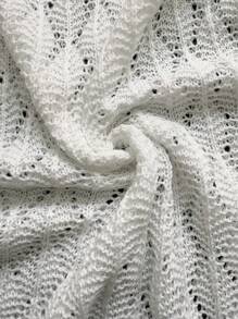 Women's V-Neck Sheer Mesh Hollow Out Tie-Knot Button Crochet Long Sleeve Cover Up, Sexy Solid Fitted Mini Knit Beach Bikini Dress, Spring/Autumn - White - View 11