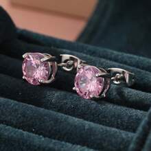 1 Pair Fashionable Pink Synthetic Zirconia Earrings, Versatile Daily & Party Jewelry For Girls, Delicate Gift For Festivals And Birthdays