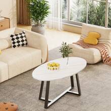 Coffee Table White Faux Marble Coffee Table For Living Room,Oval Modern Center Table Tea Table For Small Space,Wooden Living Room Tables End Table With Sturdy Black Metal Leg - Black - View 4