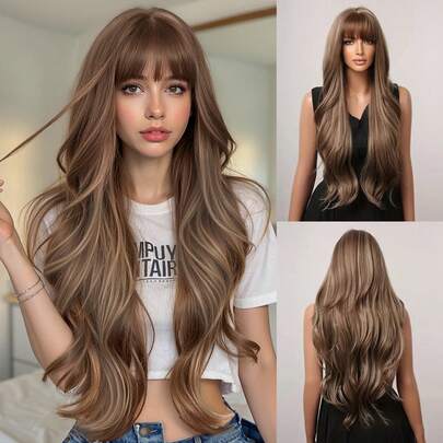 28英寸波浪蝴蝶发型假发，带刘海，女士合成纤维假发，适合日常佩戴和派对。