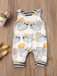 Mono de verano para niños pequeños, mono sin mangas con cuello redondo y estampado multicolor de dibujos animados para niñas, 0-3 años - Gris - Ver 1