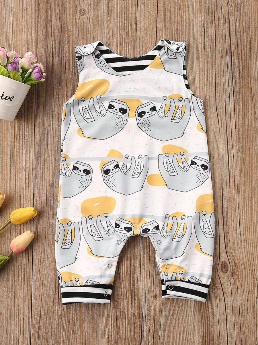 Mono de verano para niños pequeños, mono sin mangas con cuello redondo y estampado multicolor de dibujos animados para niñas, 0-3 años - Gris - Ver 1