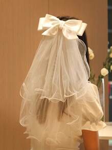 1件白色蝴蝶结新娘头纱，婚礼季，婚礼派对装饰，秋季女装，情人节配饰