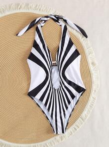Traje de baño de una pieza sexy con contraste blanco y negro y recortes, para vacaciones de verano en la playa