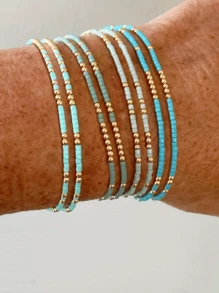 4 peças/Conjunto de Pulseiras Elásticas de Contas de Semente de Turquesa, Pulseiras Artesanais de Contas de Vidro Douradas Boho para Meninas, Joias de Férias (Contas Aleatoriamente Misturadas)