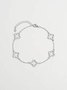 Vaerine 1 pieza Brazalete elegante y minimalista de plata de ley 925 con diseño hueco de trébol de cuatro hojas y circonita cúbica, adecuado para citas, fiestas y uso diario para mostrar Charm, regalo para mujeres - Plateado - Ver 5