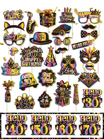 30pcs 30th Birthday Decoration Photo Props, Unisex, Black & Gold Rainbow 30th Happy Birthday Selfie Props Set, With Stick Party Supplies Gift, 30th Birthday Celebration Photo Decoration Props (40th, 50th, 60th, 70th Birthday)