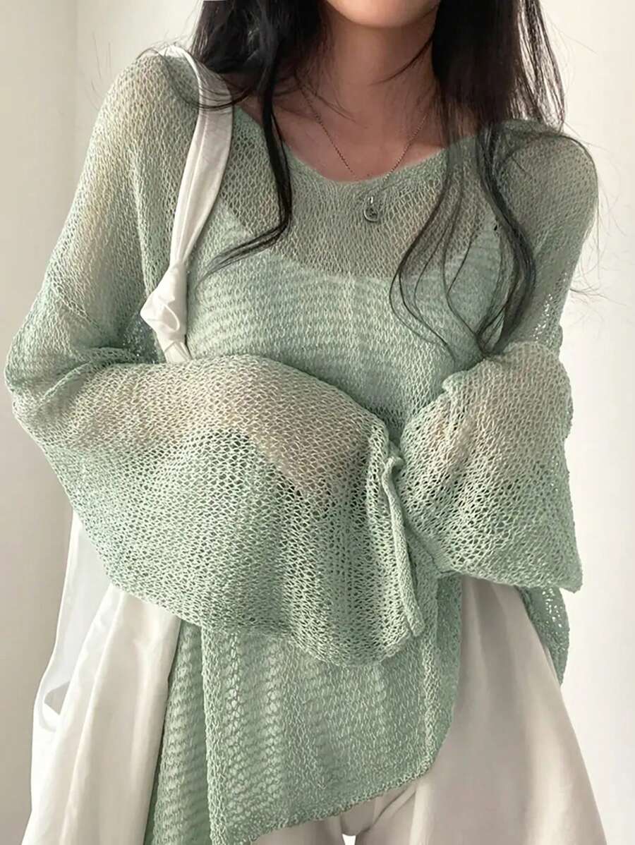 Casual Solid Color Round Neck Long Sleeve Loose Knit Sweater - Mint Green - View 1