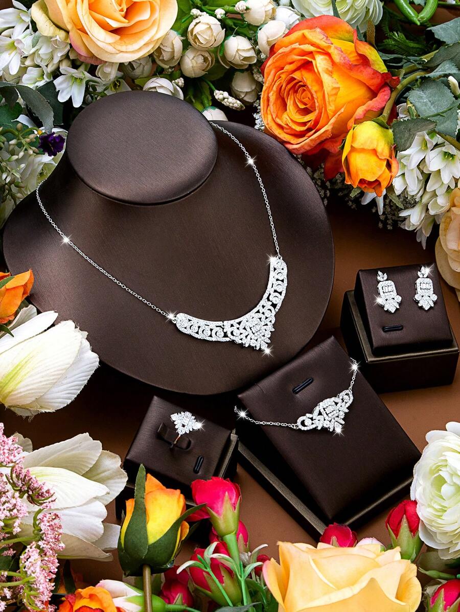 DV JEWELRY 5 件/套奢华方晶锆石镀铂金项链、手链、耳环、开口戒指首饰套装，女士迷人珠宝礼物，适合约会、派对、周年纪念 - 銀色 - 查看 1