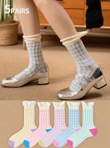 1 par/5 pares de calcetines hasta la rodilla de verano y primavera con estilo dulce y lindo de dopamina para mujeres, medias de doble capa con estampado de cuadros y en colores caramelo, estilo Y2K