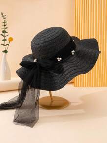 1pc Girls' Tulle Faux Pearl Bow Decor Cute Casual Khaki Wavy Straw Hat/Sun Hat, Suitable For Outdoor, Daily Wear, Beach Holiday, Children's Gift, Party, Wedding, Eid Al-Adha Gift