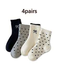 4 pares de calcetines cortos con volantes y lazos de lunares para niñas, estilo primavera