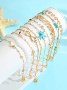 10pcs Fashionable & Elegant Vintage Design Minimalist Heart, Star, Tassel, Starfish, Green Turquoise Bead, Round Bead, Infinity, Plane Chain Anklet & Bracelet Jewelry Set, Great For Holiday, Party, Date, Gift, Daily Wear - Yellow Gold - View 1