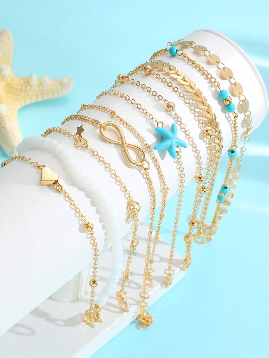 10pcs Fashionable & Elegant Vintage Design Minimalist Heart, Star, Tassel, Starfish, Green Turquoise Bead, Round Bead, Infinity, Plane Chain Anklet & Bracelet Jewelry Set, Great For Holiday, Party, Date, Gift, Daily Wear - Yellow Gold - View 1