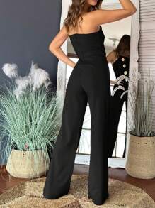 ChicMe Women's Asymmetric Strapless Jumpsuit With Metal Button Decor - Black - View 2