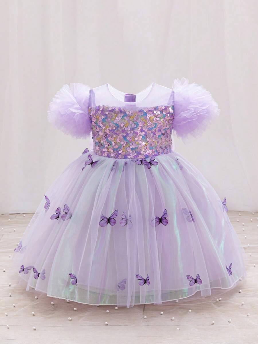 H HIBOBI Girl's Short Sleeve Bowknot Gradient Sequin Mesh Birthday Party Dress - Purple - View 1