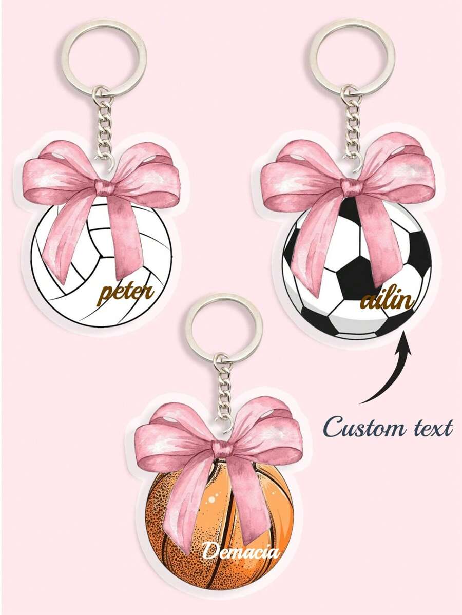 1pc Customized Cute Bow Sports Keychain (Football/Basketball/Volleyball), Upload Your Name, Personalized Keychain Gift For Her/Him, UV Printing Craft