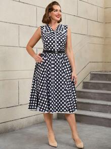 AOMEI Plus Size 1950s Dresses Black White Dot Printed Loose With Waist Belt Vintage Sleeveless,Graduation Dress,Party Dress,Cocktail - Black - View 6