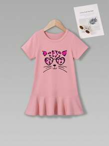 Set de 3 piezas de vestido de manga corta y falda lápiz estampada, de largo medio, de estilo casual y versátil para niñas jóvenes, para verano - Multicolor - Ver 5