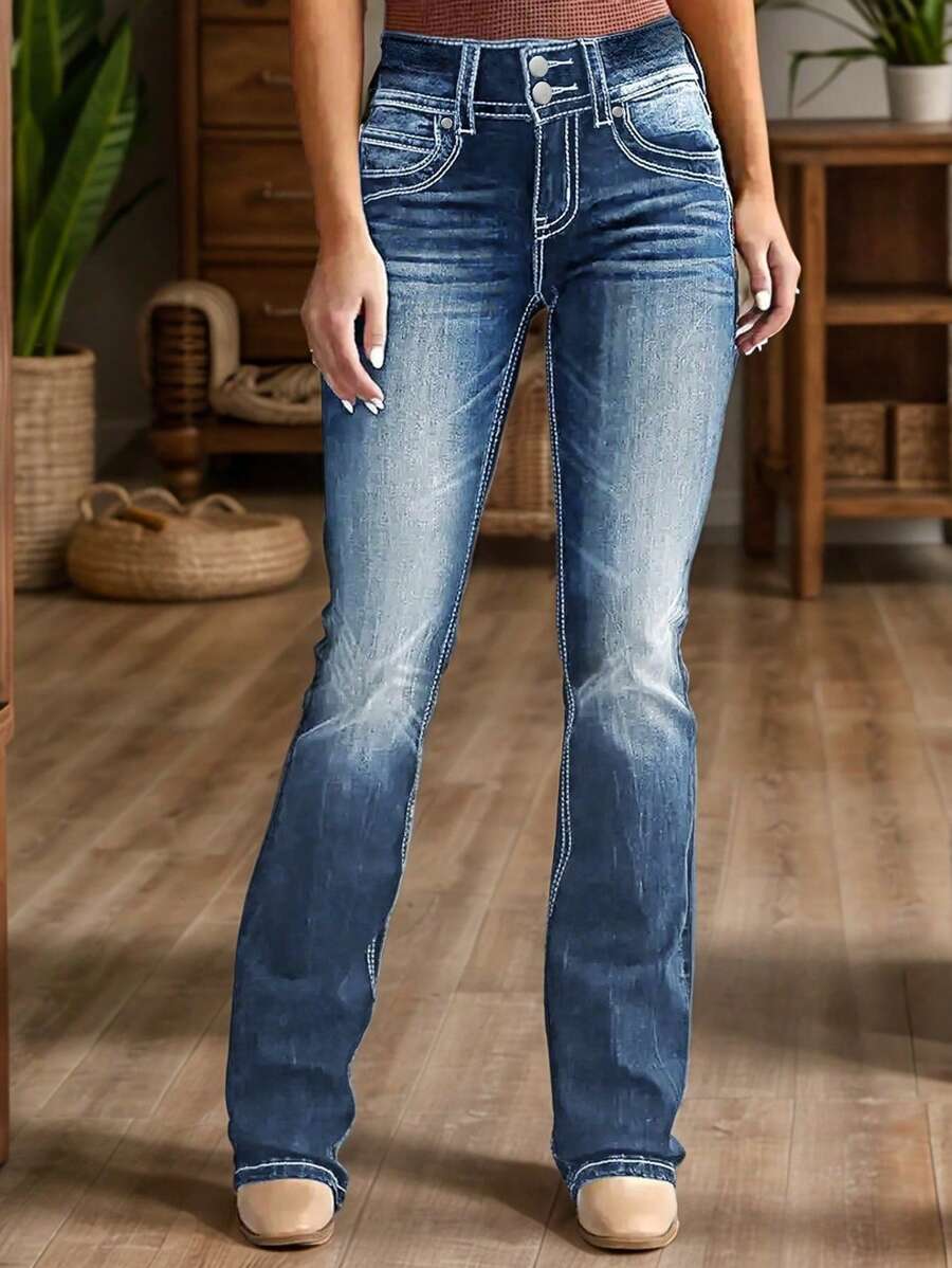 Solid Color Women's Flare Jeans - Stretch Retro Denim Pants With Figure-Flattering Silhouette, Mid Rise Bootcut Trousers For Effortless Elegance - 中等水洗藍 - 查看 1