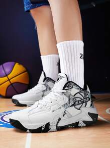 2025 Spring New Lightweight Thick Sole Plus Size Women Basketball Shoes, Outdoor Casual Sports Shoes, Durable Running Shoes, Soft & Comfortable Hiking Shoes, Shock Absorbing & Rebound, Casual Shoes With Random Asymmetric Patterns - Black and White - View 6